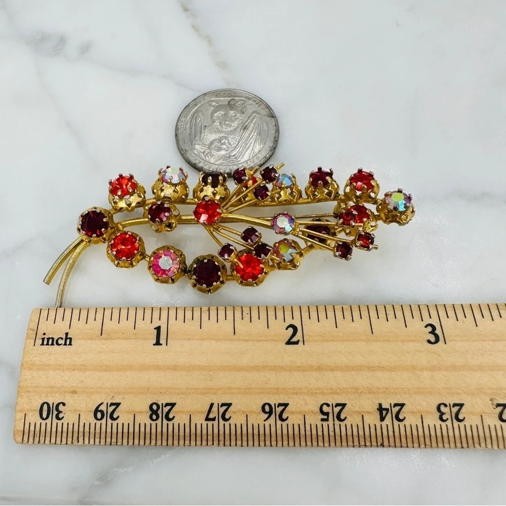 Vintage Austria 60s Rhinestone Brooch Pin AB Ice Red Pink Gold Tone Wire Leaf